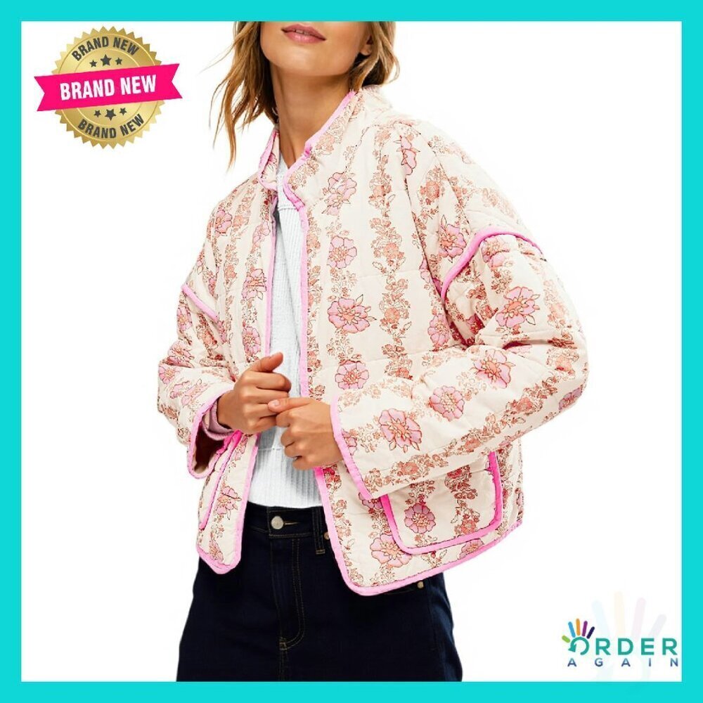 Quilted Lightweight Jacket Floral Print Open Front Cardigan Padded Coats